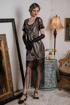 [US Warehouse] Black 1920s Fringe Lace Flapper Dress