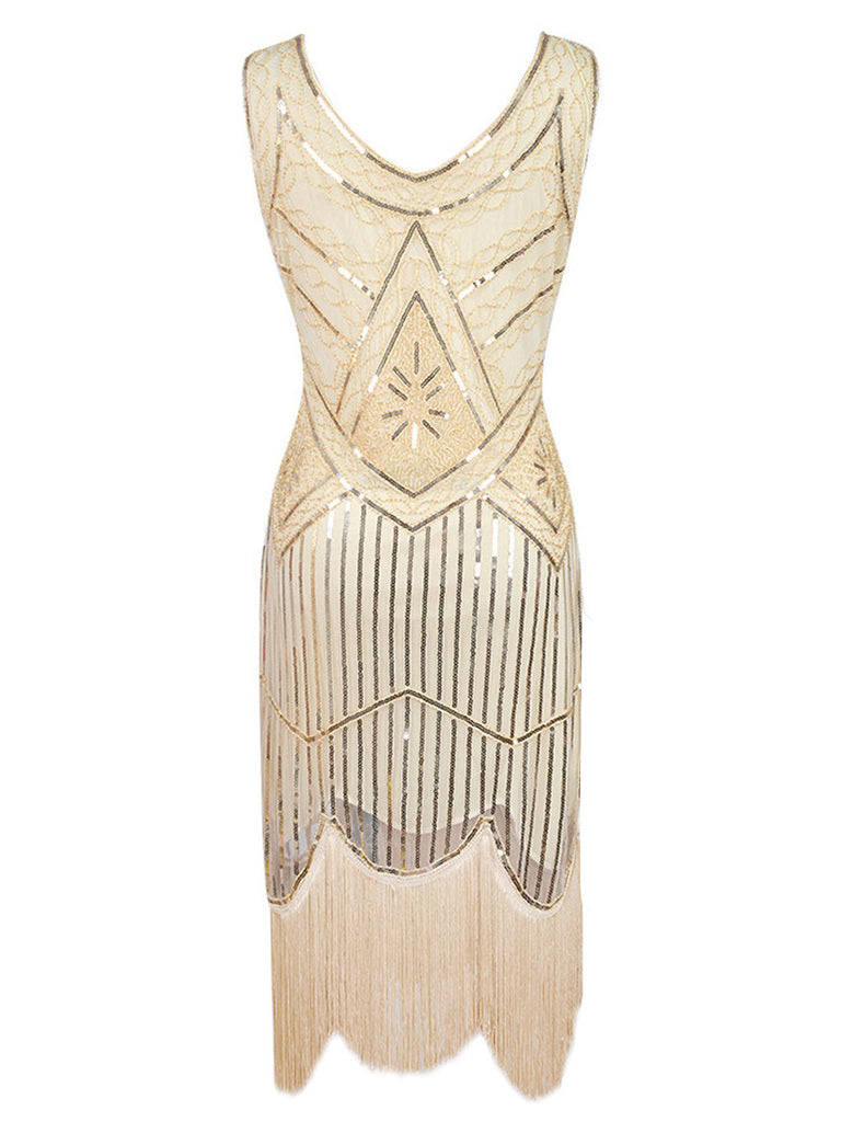 [US Warehouse] Apricot 1920s Beaded Sequin  Flapper Dress