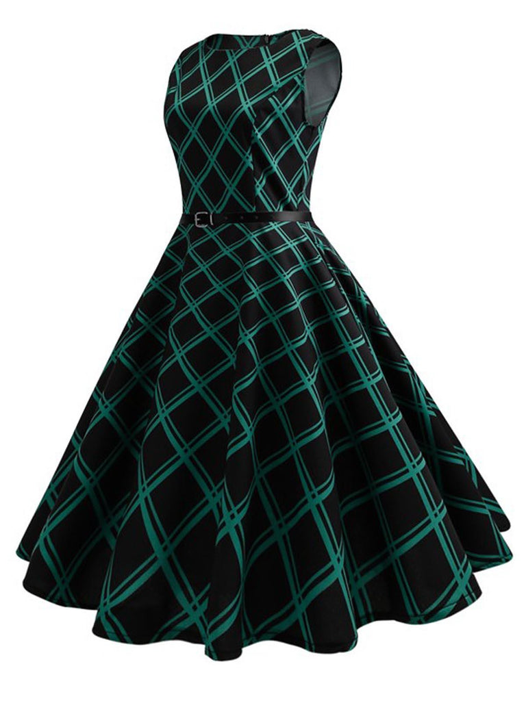 Green 1950s Plaid Belted Swing Dress