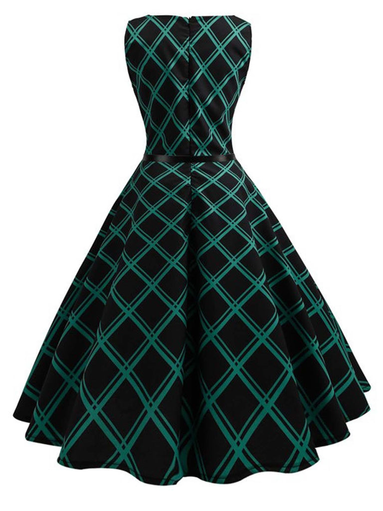 Green 1950s Plaid Belted Swing Dress