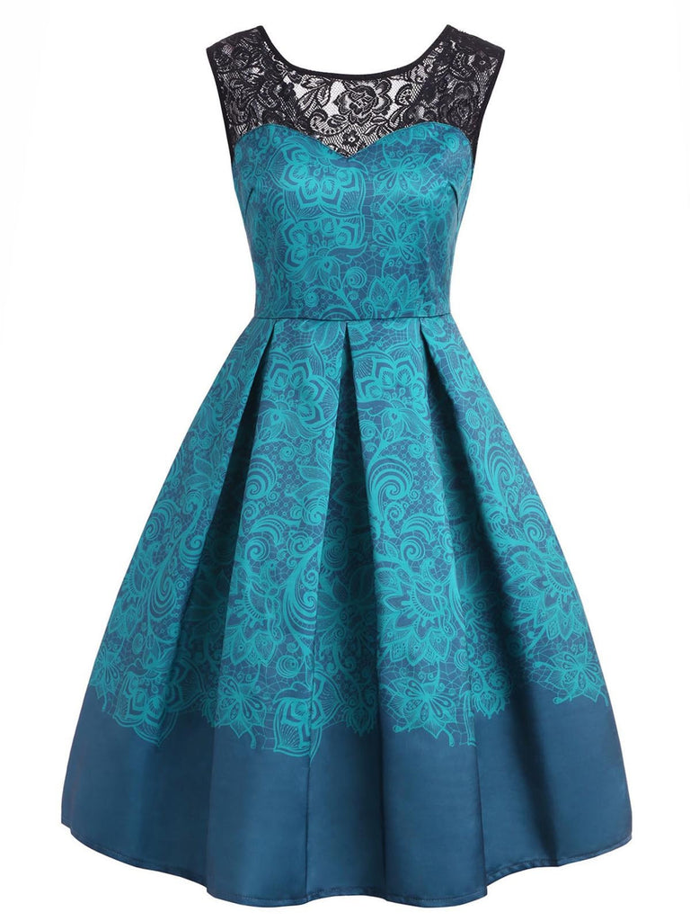 Blue 1950s Floral Sweetheart Swing Dress