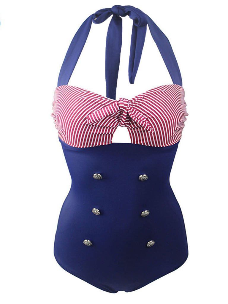 Stripe Patchwork Halter One-Piece Swimsuit, classic vintage style summer beach collection - Image 1