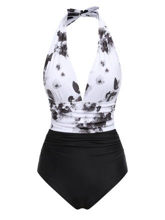 White 1940s Chinese Paint Halter Swimsuit: timeless style reimagined