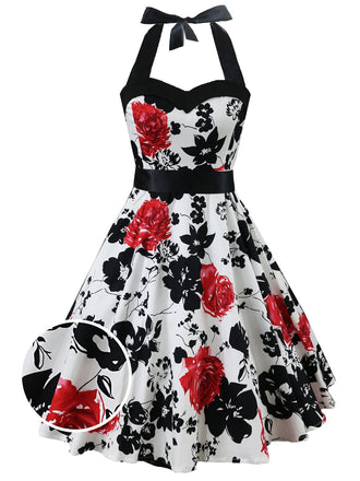She slips into this White 1950s Floral Halter Swing Dress and suddenly it's a 1950s daydream