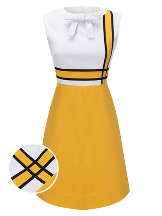 White & Yellow 1960s Bowknot Patchwork Dress, vintage dress, retro fashion - perfect for women who love vintage and retro fashion