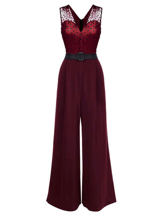 Wine Red 1930s Polka Dot Belt Jumpsuit: timeless style reimagined