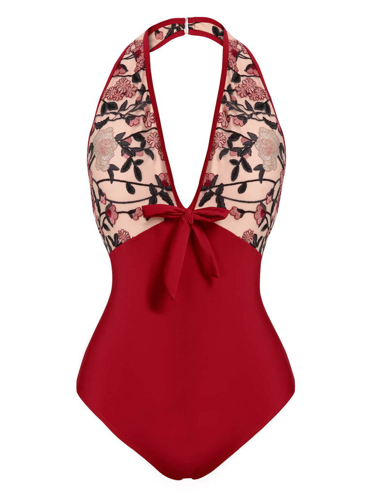 Wine Red 1950s Floral Backless Swimsuit — vintage elegance for the modern woman