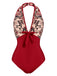 Wine Red 1950s Floral Backless Swimsuit — vintage elegance for the modern woman