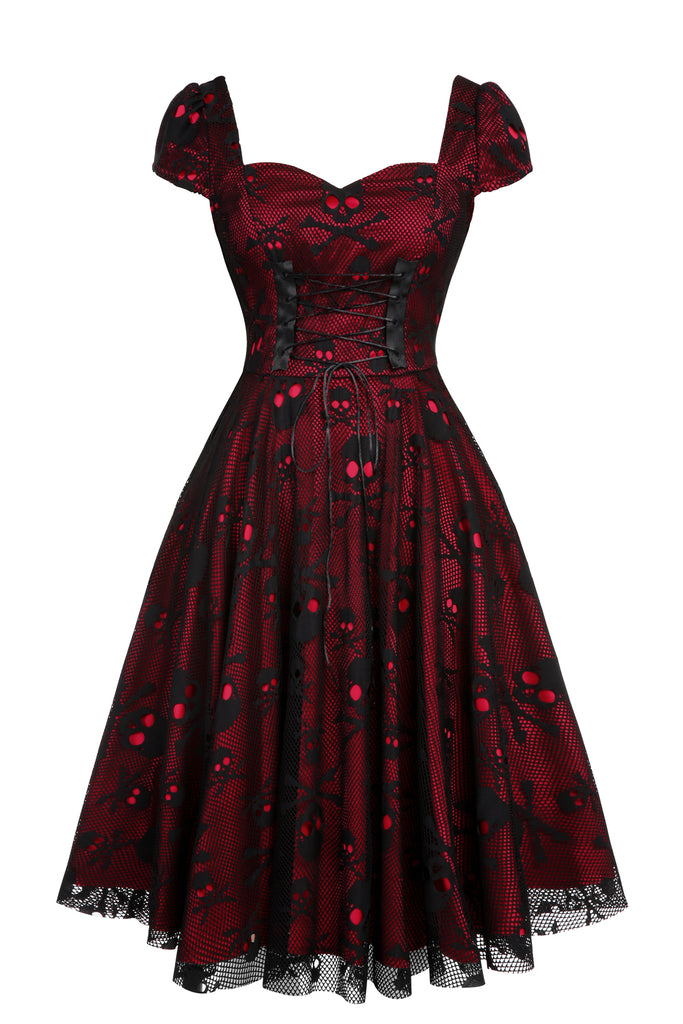 Wine Red 1950s Skull Mesh Swing Dress, vintage dress, retro fashion, rockabilly, pin-up fashion - perfect for women who love vintage and retro fashion