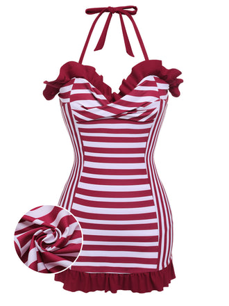 Wine Red 1950s Stripe Heart Collar Swimsuit: timeless style reimagined