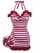 Wine Red 1950s Stripe Heart Collar Swimsuit: timeless style reimagined