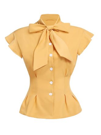 Yellow 1950s Bow Solid Blouse Top - vintage fashion, retro style
