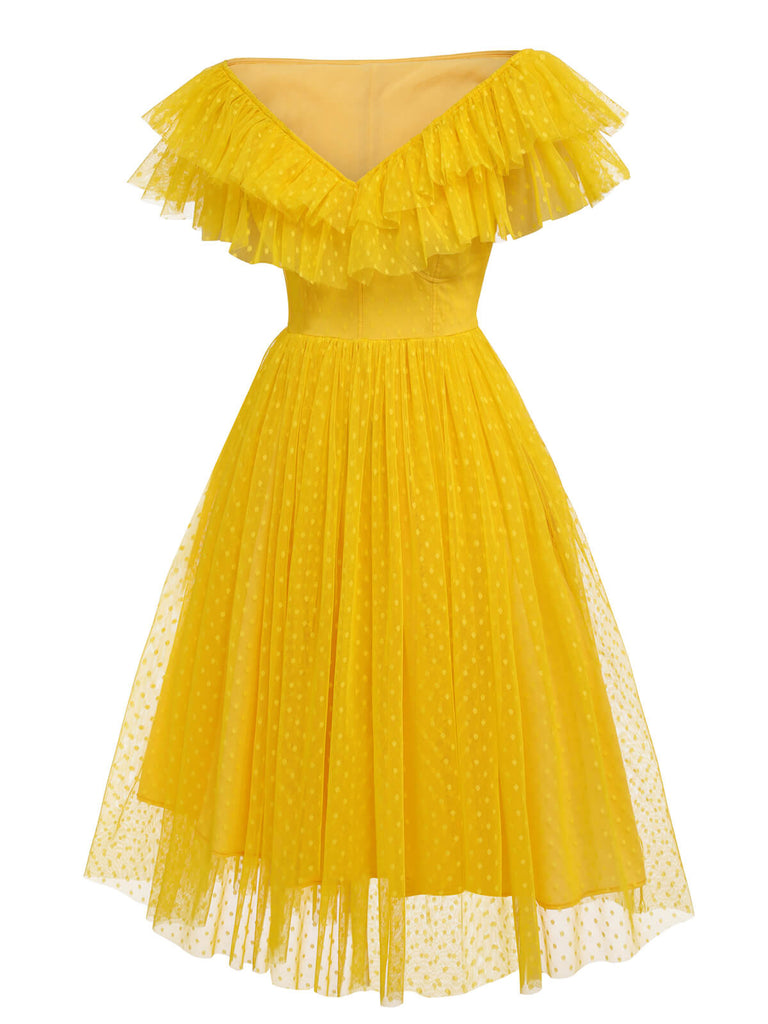 Yellow 1950s Dots Off-Shoulder Mesh Swing Dress: timeless style reimagined