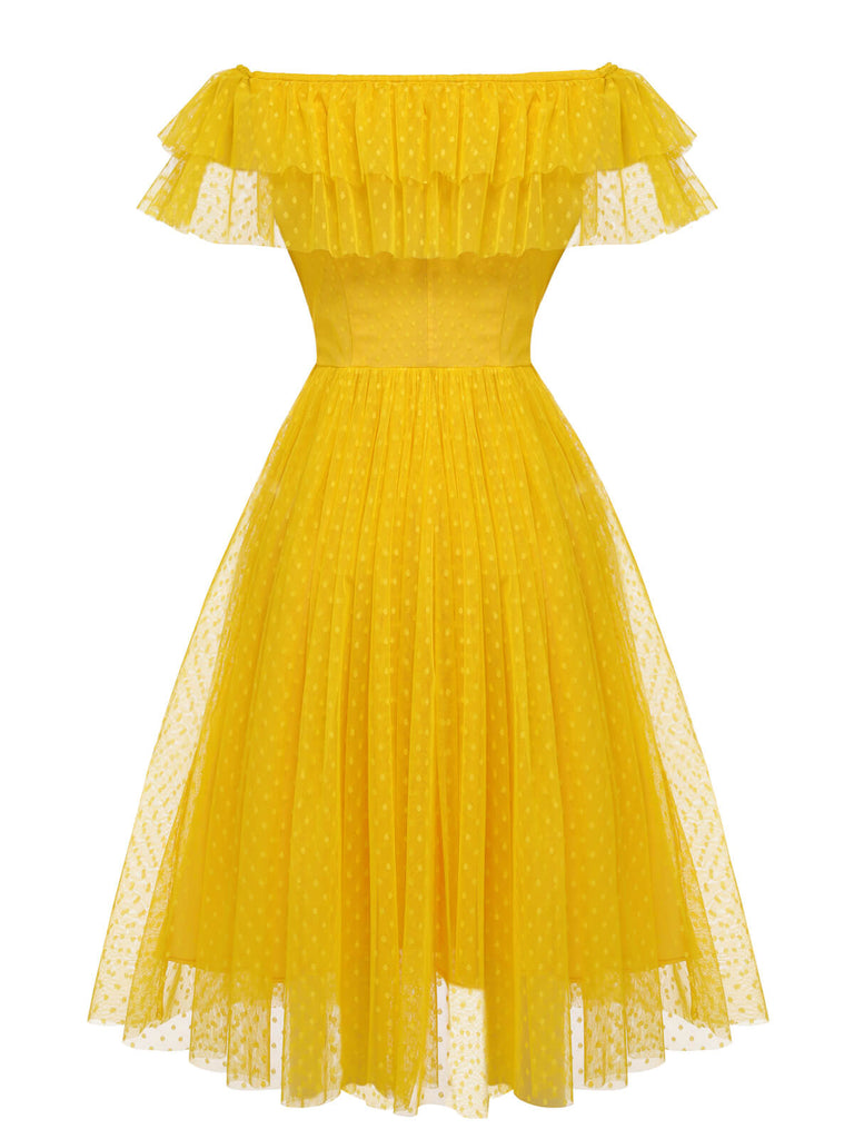 Yellow 1950s Dots Off-Shoulder Mesh Swing Dress — vintage elegance for the modern woman