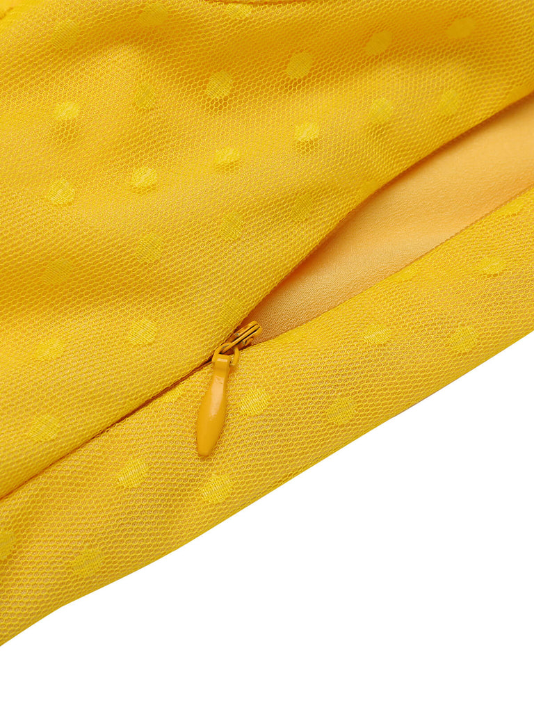Yellow 1950s Dots Off-Shoulder Mesh Swing Dress — vintage elegance for the modern woman