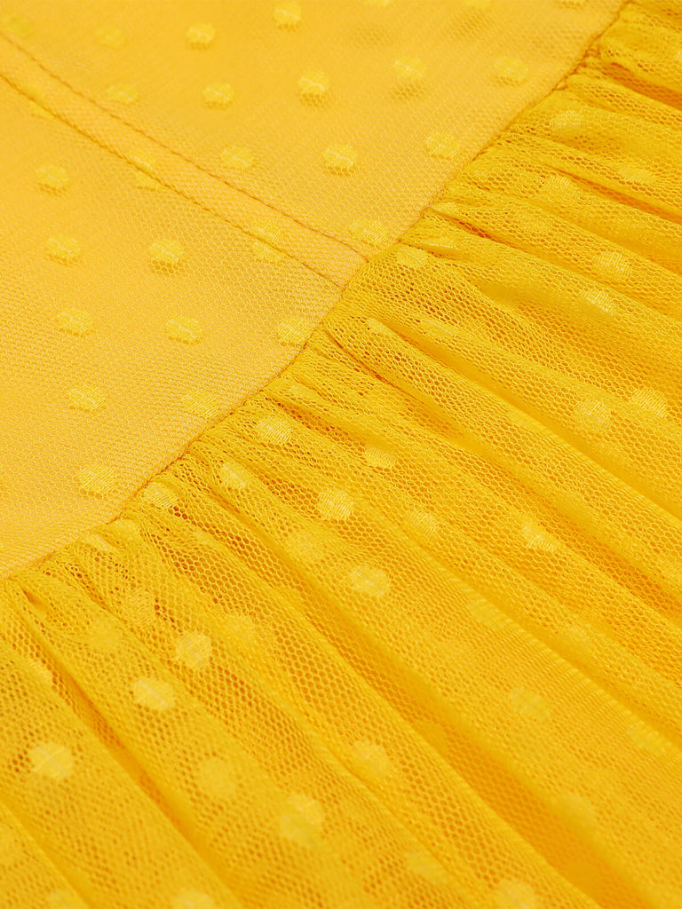 Yellow 1950s Dots Off-Shoulder Mesh Swing Dress: timeless style reimagined