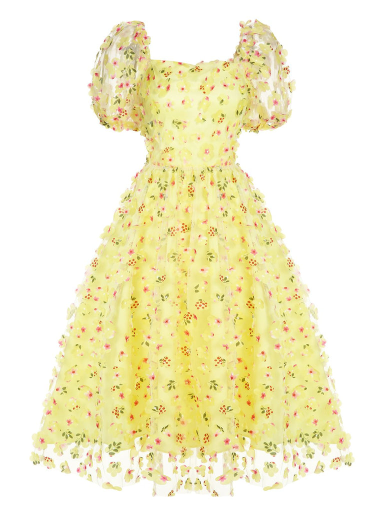 Yellow 3D Floral Puff Sleeves Swing Dress, vintage dress, retro fashion, rockabilly, pin-up fashion - perfect for women who love vintage and retro fashion