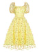 Yellow 3D Floral Puff Sleeves Swing Dress, vintage dress, retro fashion, rockabilly, pin-up fashion - perfect for women who love vintage and retro fashion