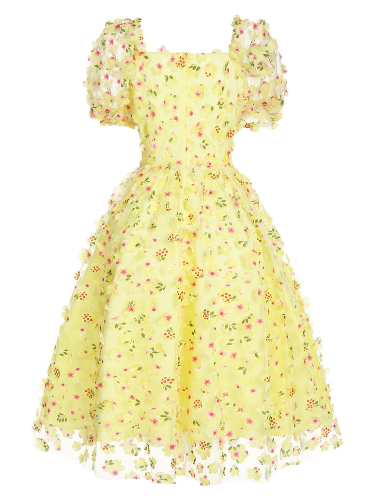 Yellow 3D Floral Puff Sleeves Swing Dress, vintage dress, retro fashion, rockabilly, pin-up fashion - perfect for women who love vintage and retro fashion