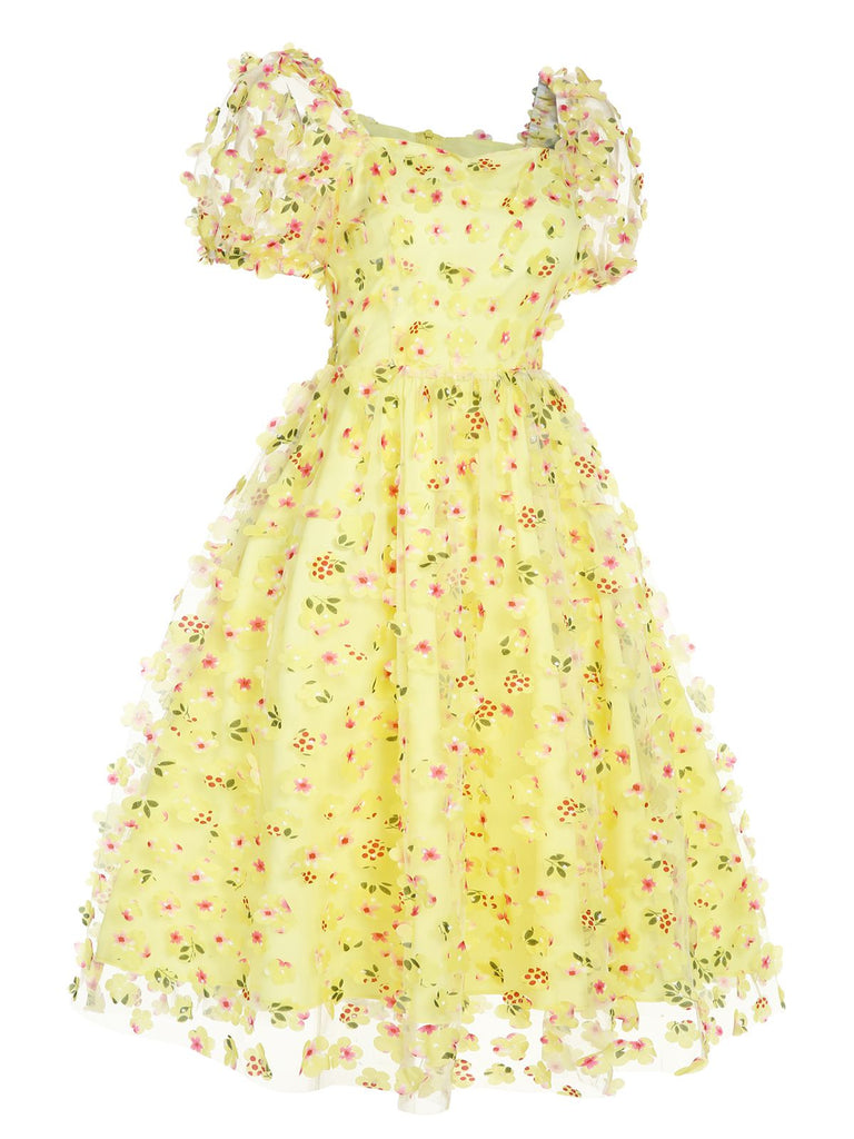 Yellow 3D Floral Puff Sleeves Swing Dress, vintage dress, retro fashion, rockabilly, pin-up fashion - perfect for women who love vintage and retro fashion