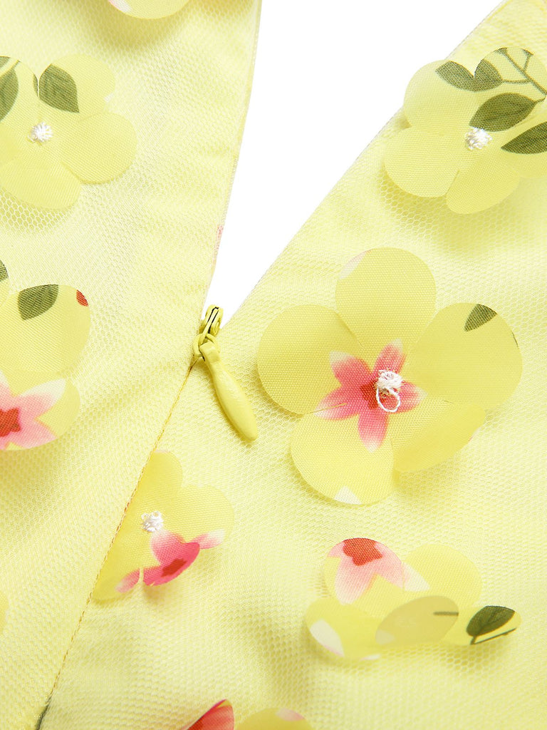 Yellow 3D Floral Puff Sleeves Swing Dress, vintage dress, retro fashion, rockabilly, pin-up fashion - perfect for women who love vintage and retro fashion