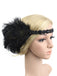 A black feather elastic headband featuring a peacock-style feather and beaded detailing, styled on a mannequin for a 1920s Great Gatsby look.