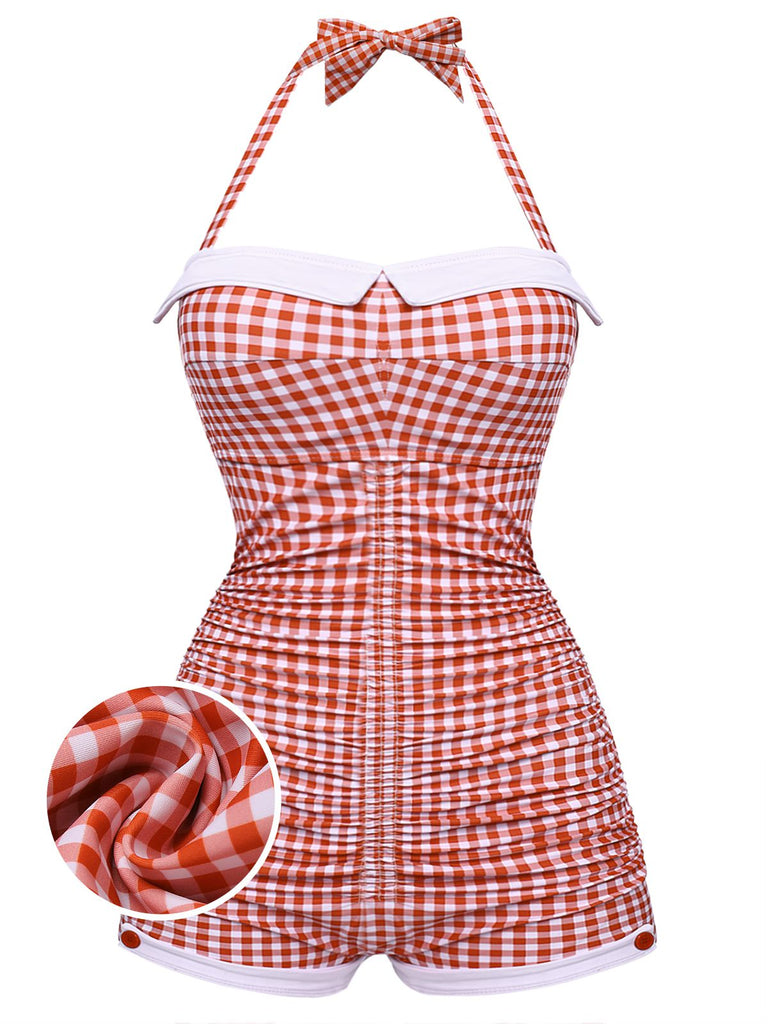 Red and white gingham one-piece swimsuit with a halter neck, sweetheart neckline, and a bowknot detail.